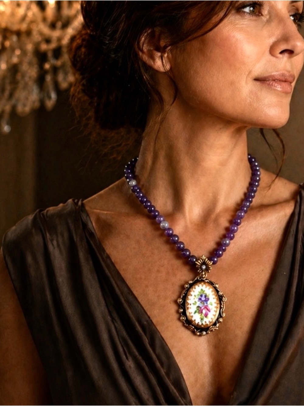 Amethyst Bead Necklace 925 Silver Victorian Style Hand Painted Porcelain Pendant